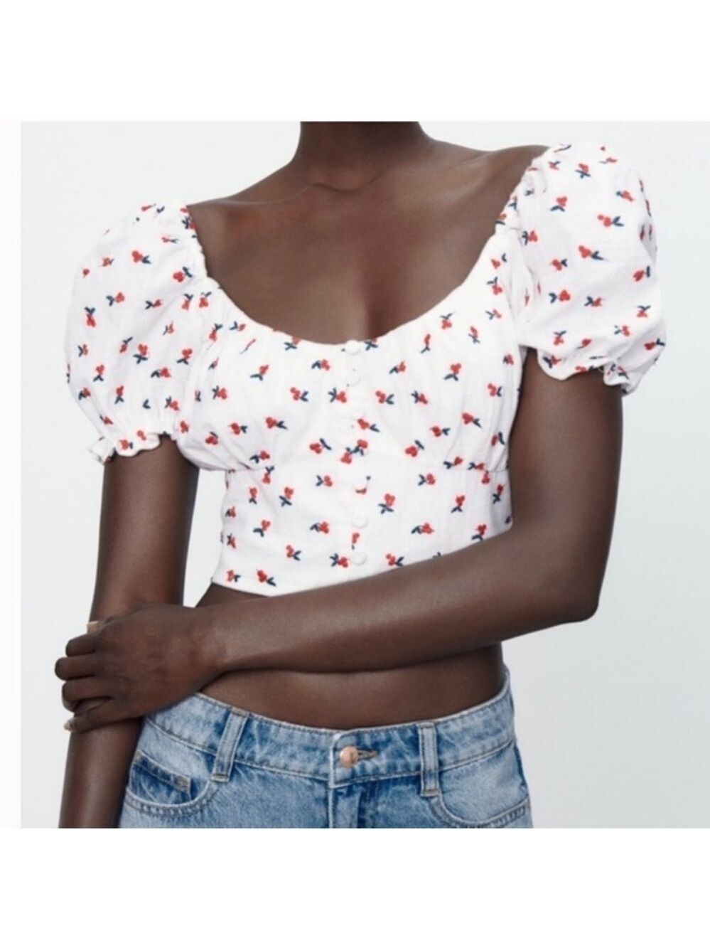 Zara Cherry Embroidered Fruit Top sz M NWOT